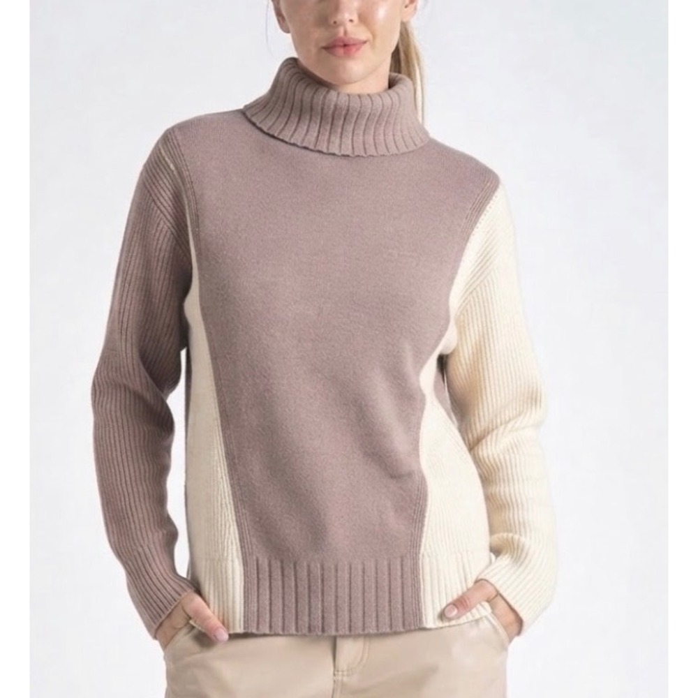 Max Studio Womens XL Turtleneck Sweater Two Tone Mixed Media Drop Shoulder Mauve